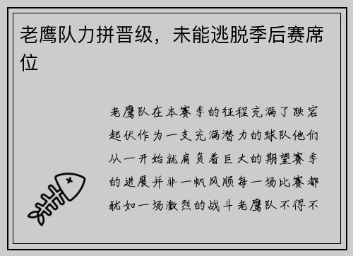 老鹰队力拼晋级，未能逃脱季后赛席位