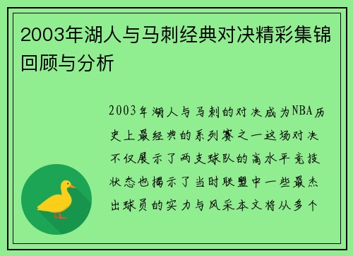 2003年湖人与马刺经典对决精彩集锦回顾与分析