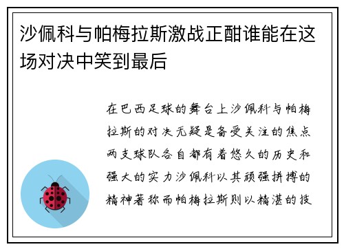 沙佩科与帕梅拉斯激战正酣谁能在这场对决中笑到最后